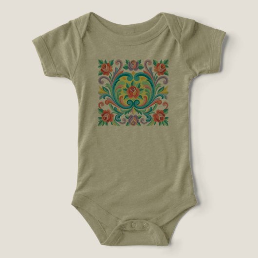 Norwegian Rosemaling Floral Art Baby Bodysuit (デザイン正面)