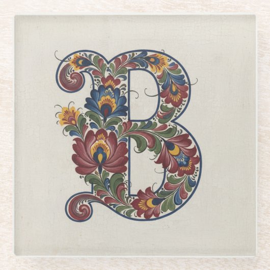 Norwegian Rosemaling Initial B, Glass Coaster ガラスコースター (正面)