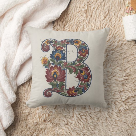 Norwegian Rosemaling Initial B, Throw Pillow クッション (ブランケット)