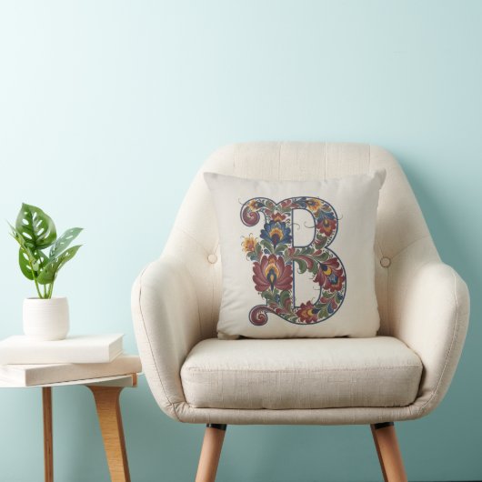 Norwegian Rosemaling Initial B, Throw Pillow クッション (椅子)