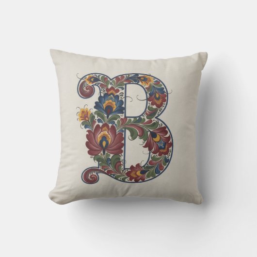 Norwegian Rosemaling Initial B, Throw Pillow クッション (正面)