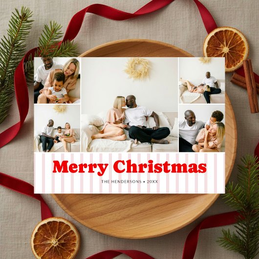 Nostalgia Retro Christmas Red Striped 7 Photo シーズンカード