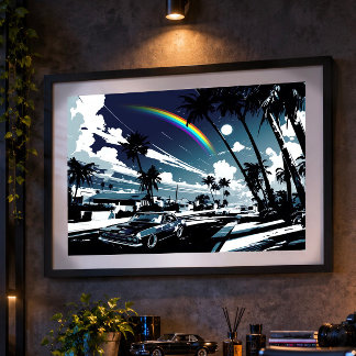 Nostalgic Blue American Car Palms Man Cave Art ポスター