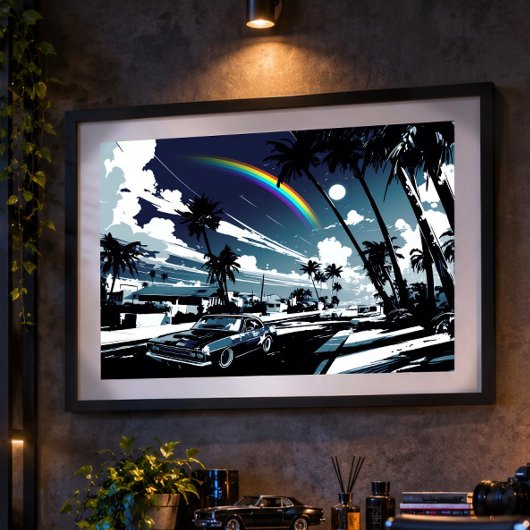 Nostalgic Blue American Car Palms Man Cave Art ポスター