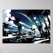 Nostalgic Blue American Car Palms Man Cave Art ポスター (正面)