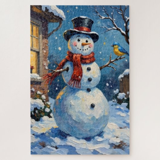 Nostalgic Happy Snowman with Bluebird Winter Scene ジグソーパズル (縦)