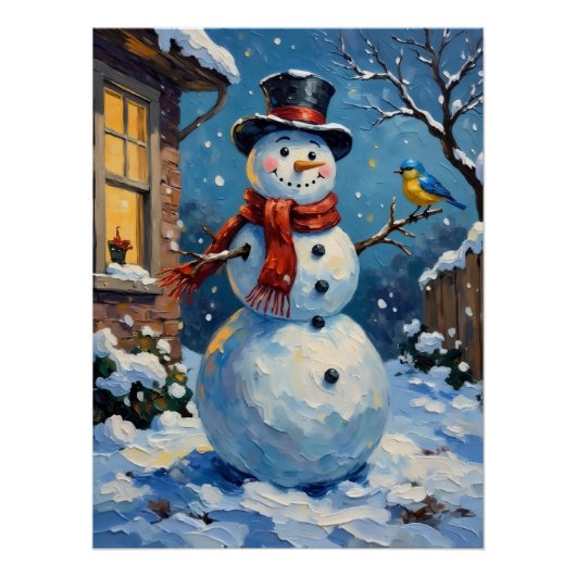 Nostalgic Happy Snowman with Bluebird Winter Scene ポスター (正面)