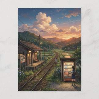 Nostalgic Japanese Summer Railway Station - Anime  ポストカード