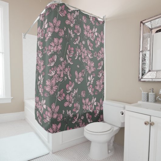 Nostalgic Pink Floral Rustic Shower Curtain シャワーカーテン (インサイチュ)