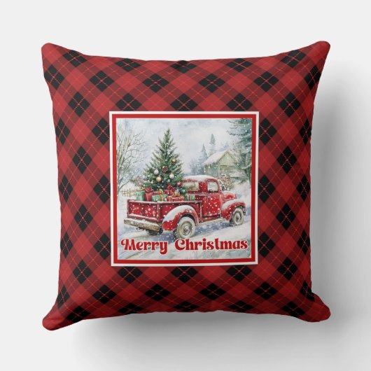 Nostalgic red truck holiday scene rustic Christmas クッション (裏面)