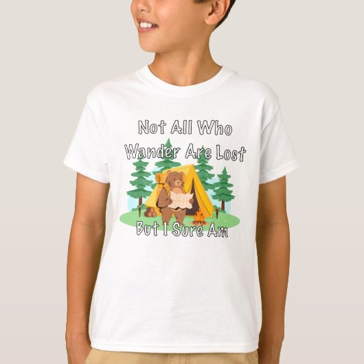 "Not All Who Wander" Lost Cartoon Bear Tシャツ (正面)