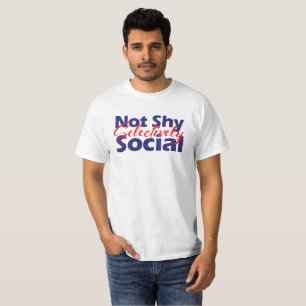 Not shy選択的に社会的な赤はっきりしたと青の文字 tシャツ