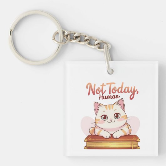 Not Today Human Cute Cat on Book Funny Design キーホルダー (正面)