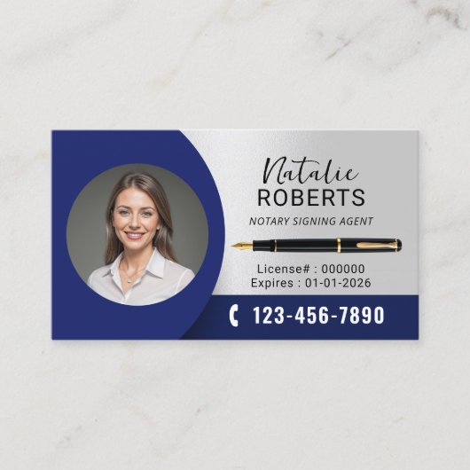 Notary & Loan Signing Agent Modern Navy Blue Photo 名刺 (正面)
