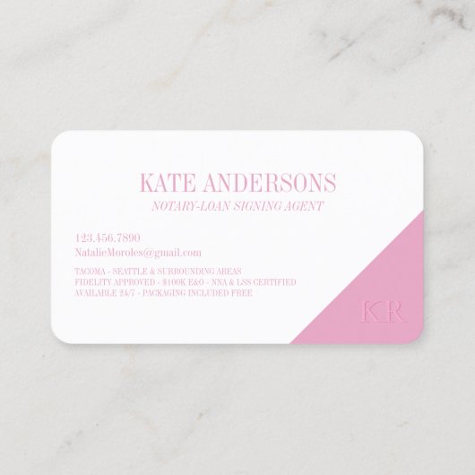 Notary Public Signing Agent Monogram Modern Pink 名刺 (裏面)
