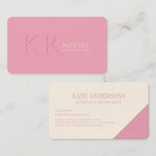 Notary Public Signing Agent Monogram Modern Pink 名刺 (正面/裏面)