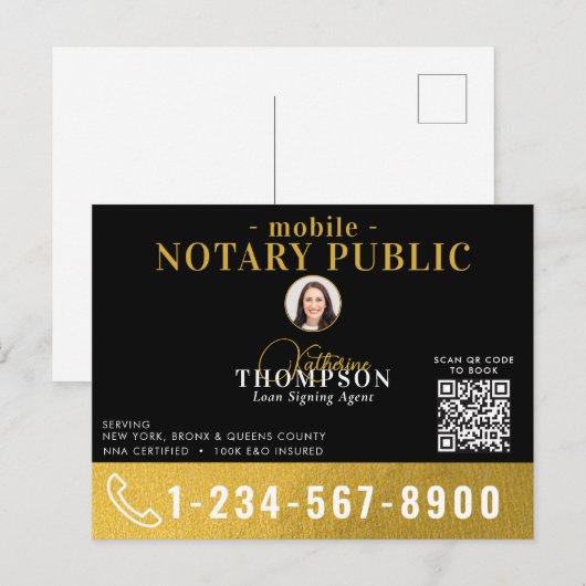 Notary Signing Agent Black Gold Photo QR Code ポストカード (正面/裏面)