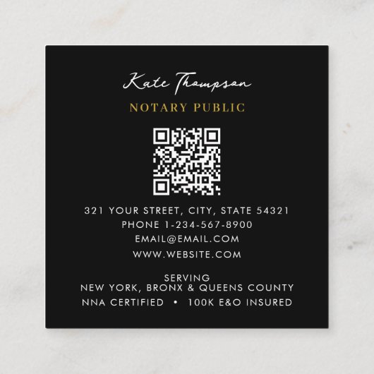 Notary Signing Agent Calligraphy QR Code Gold スクエア名刺 (裏面)