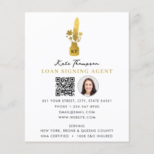 Notary Signing Agent QR Code Photo Botanical Quill チラシ (正面)