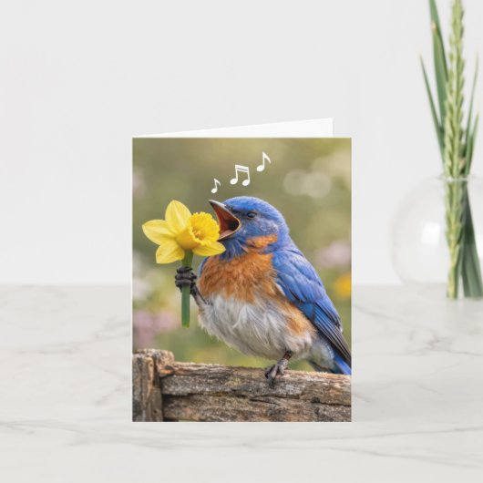 Note Card Bluebird Singing with a Yellow Daffodil カード (正面)