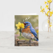 Note Card Bluebird Singing with a Yellow Daffodil カード (黄色い花)