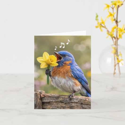 Note Card Bluebird Singing with a Yellow Daffodil カード (黄色い花)