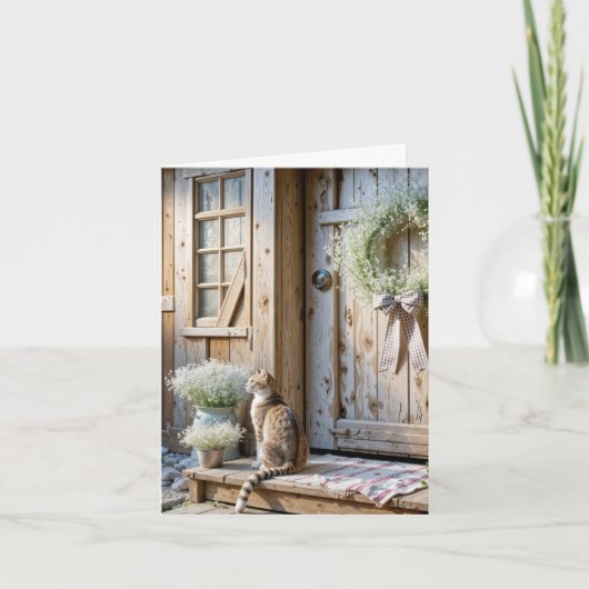Note Card Farmhouse Cat With Baby's Breath Wreath カード (正面)