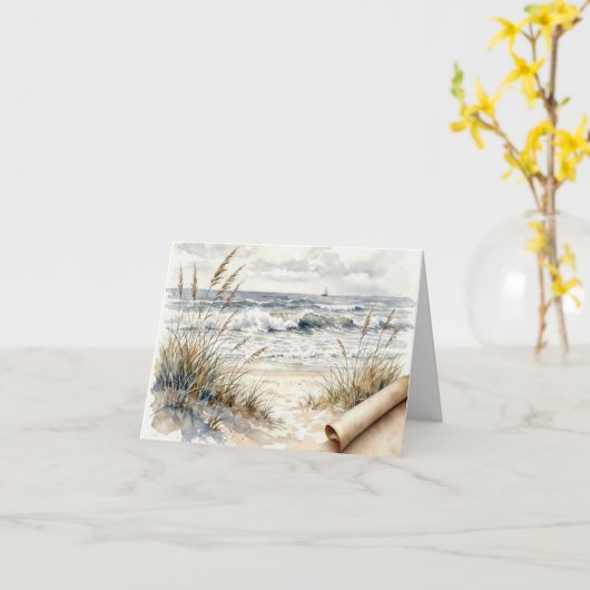 Note Card Ocean Beach with Curled Paper カード (黄色い花)