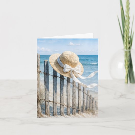 Note Card Summer Hat On a Beach Fence カード (正面)