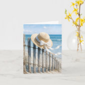 Note Card Summer Hat On a Beach Fence カード (黄色い花)