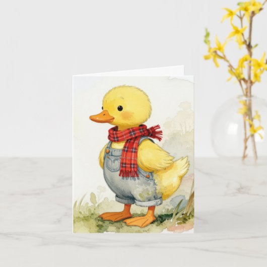 Note Card Watercolor Duck In Overalls カード (黄色い花)