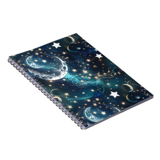 Notebook – Luxury Icy Blue Celestial Moon Phases ノートブック (右側)