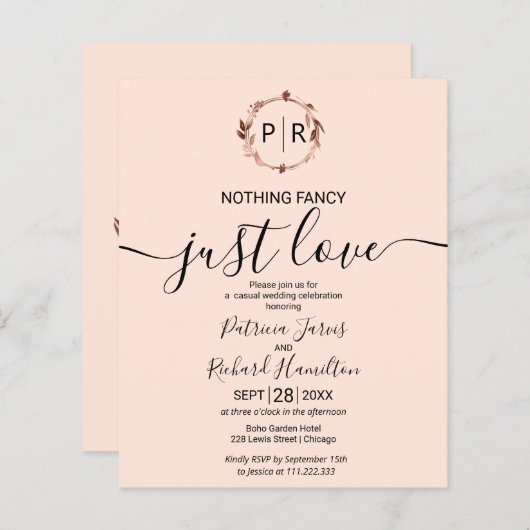 Nothing ファンシー Just Love予算結婚式招待状 (正面/裏面)