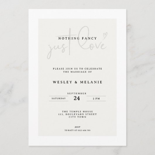 Nothing Fancy Just Love Beige Elegant Wedding 招待状 (正面)
