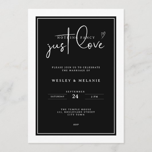 Nothing Fancy Just Love Black Elegant Wedding 招待状 (正面)