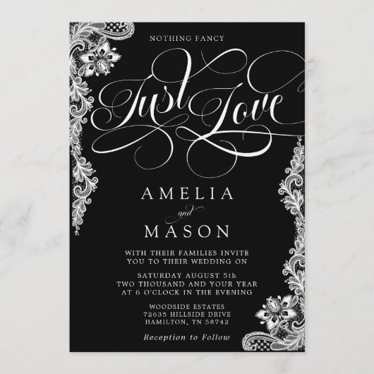 Nothing Fancy Just Love Black Lace Wedding 招待状 (正面)
