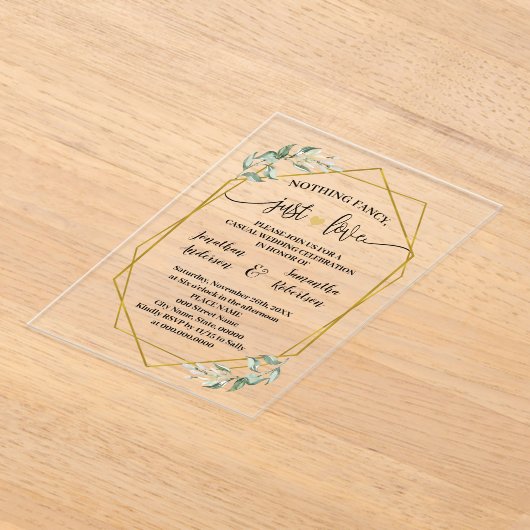 Nothing Fancy Just Love Elopement Greenery Gold アクリル招待状 (レイダウン)