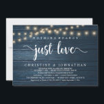 Nothing Fancy Just Love, Rustic Wedding Reception 招待状<br><div class="desc">Mark the beginning of your forever with rustic elegance using our cottage string lights navy blue wood background themed, wedding elopement celebration invitation card, "nothing fancy just love". Perfect for couples extending their joyous occasion, this invitation exudes sophistication with a hint of playfulness, setting the stage for a memorable event....</div>