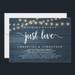 Nothing Fancy Just Love, Rustic Wedding Reception 招待状<br><div class="desc">Mark the beginning of your forever with rustic elegance using our cottage string lights navy blue wood background themed, wedding elopement celebration invitation card, "nothing fancy just love". Perfect for couples extending their joyous occasion, this invitation exudes sophistication with a hint of playfulness, setting the stage for a memorable event....</div>