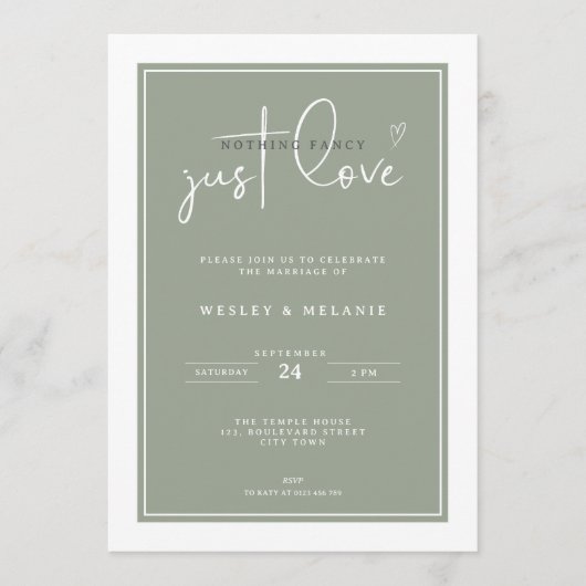 Nothing Fancy Just Love Sage Green Elegant Wedding 招待状 (正面)