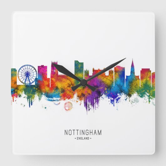 Nottingham England Skyline スクエア壁時計 (正面)