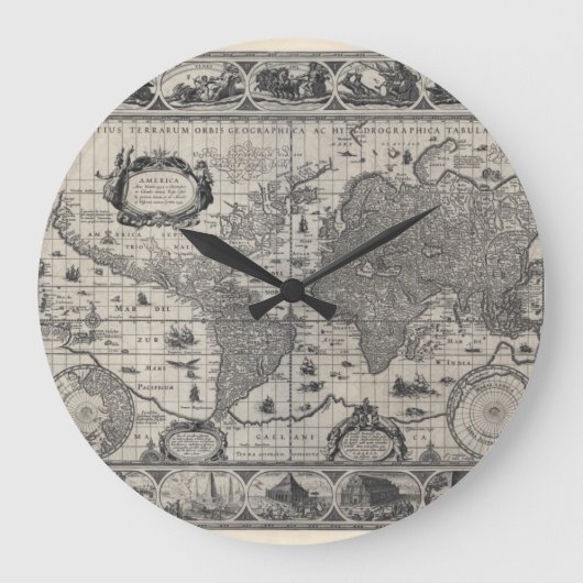 Nova totius terrarum、1606アンティーク世界地図 ラージ壁時計 (正面)