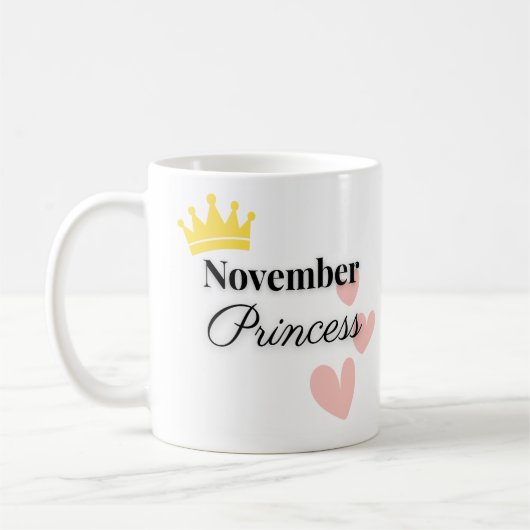 November Princess Mug – Gold Crown & Hearts Design コーヒーマグカップ (左)