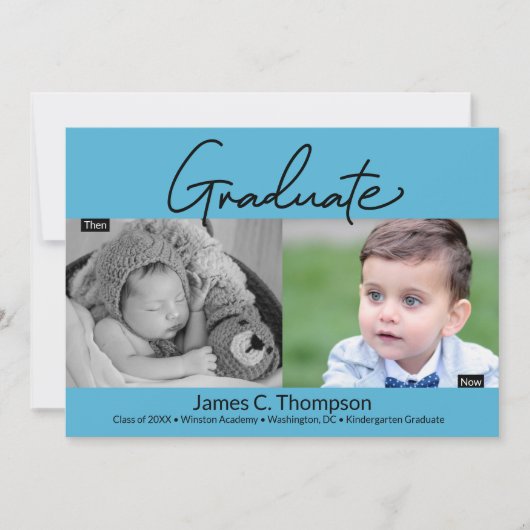 Now and Then blue幼稚園の少年の大学院写真 案内状 (正面)