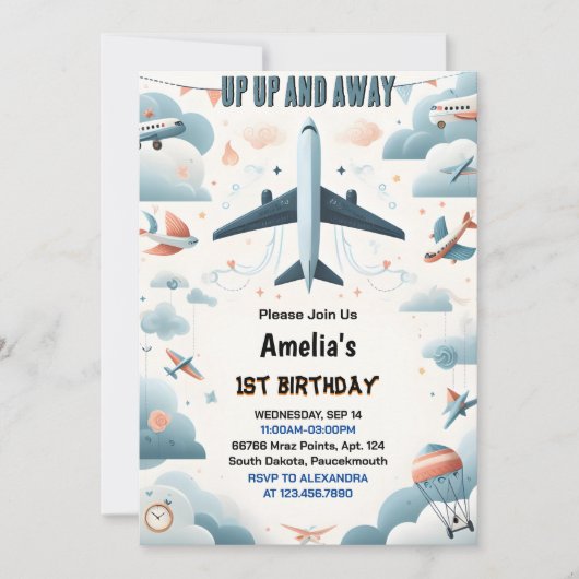 Now Cloud 9 Fly Cute Sky Joy Airplane 1st Birthday 招待状 (正面)