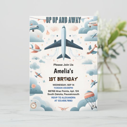 Now Cloud 9 Fly Cute Sky Joy Airplane 1st Birthday 招待状 (スタンド正面)