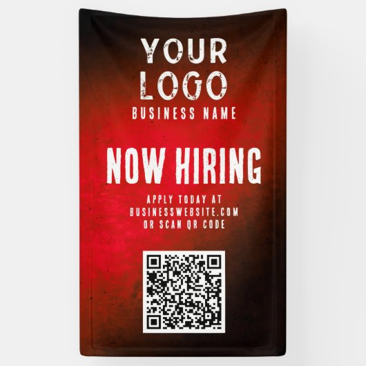 Now Hiring Banner QR Code Red Grunge Gradient 横断幕 (縦)
