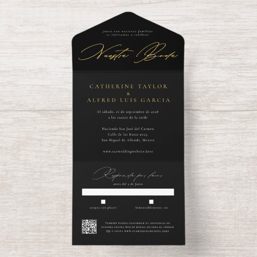 Nuestra Boda スペイン語 ブラックスクリプト ウェディング オールインワン招待状 (内側)