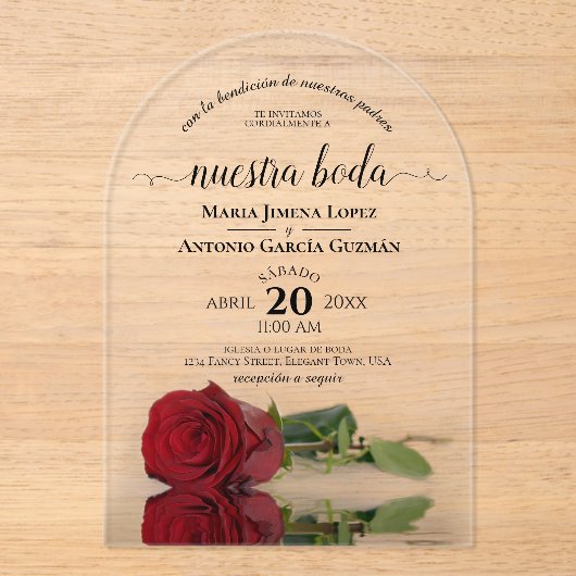 Nuestra Boda Elegant Red Rose Spanish Wedding アクリル招待状 (正面)
