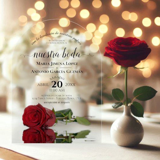 Nuestra Boda Elegant Red Rose Spanish Wedding アクリル招待状